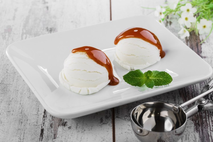 white ball ice cream with caramel