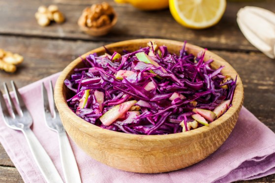 salad of red cabbage, apples and walnuts