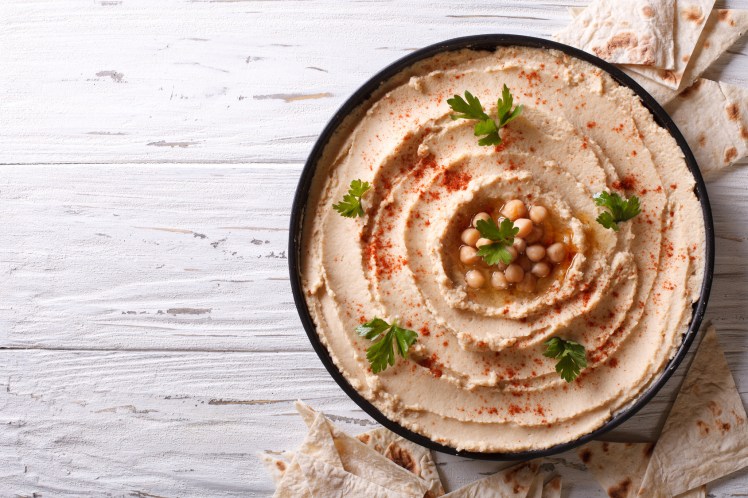 Classic hummus and pita bread. horizontal top view